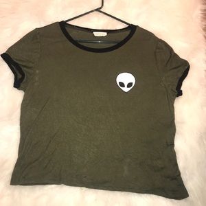 XL dark Olive Alien Rayon shirt with black outline